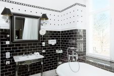 this bathroom proves that you can combine tiles in a lot of different patterns in one color theme