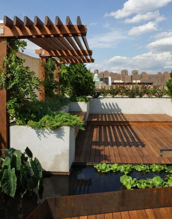 A modern rooftop terrace with a deck, built in benches, lots of potted greenery and a pond of a geometric shape in a metal