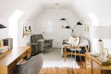a chic attic home office with stained modern furniture, upholstered grey chairs, cool matching lamps is a very cozy space