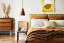 a fall colored bedroom done with rust, brown, gold, grey and white and touches of wood