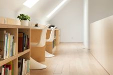 a shared attic home office in minimalist style, with skylights, a long shared desk with storage, white sculptural chairs is clean and airy