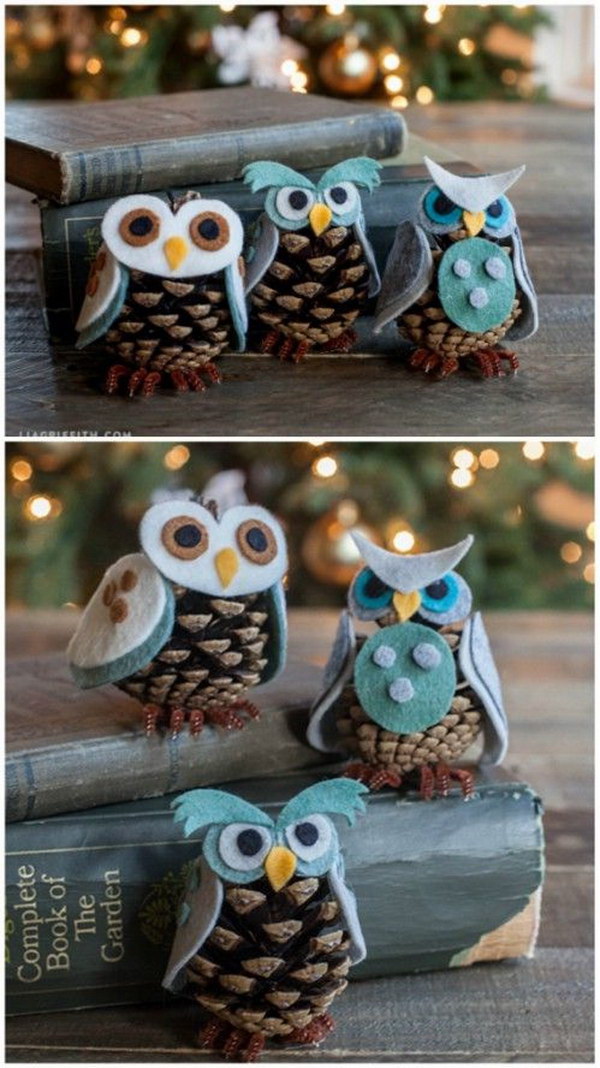 Add some felt to pinecones and you got yourself beautiful owl ornaments.