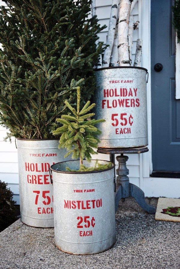 Vintage buckets could easily be used in your next rustic holiday arrangement.