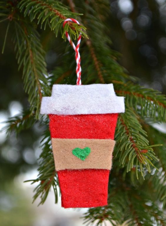 a colorful felt coffee cup Christmas ornament is a bold and cool idea for decorating your holidays