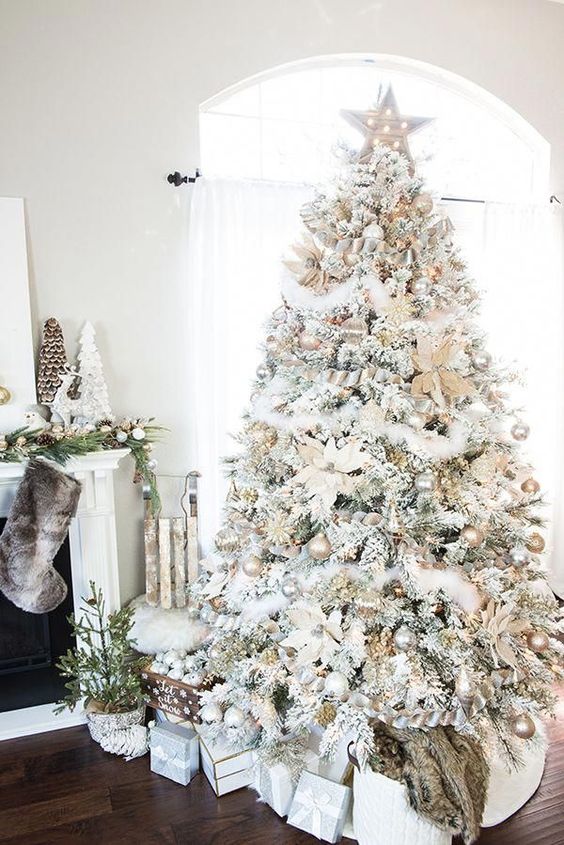 a white Christmas tree with shiyn metallic ornaments, luffs, stars and flowers plus a star topper