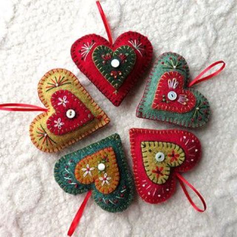 Vintage inspired colorful felt Christmas ornaments with embroidery and beading are very bright and very lovely