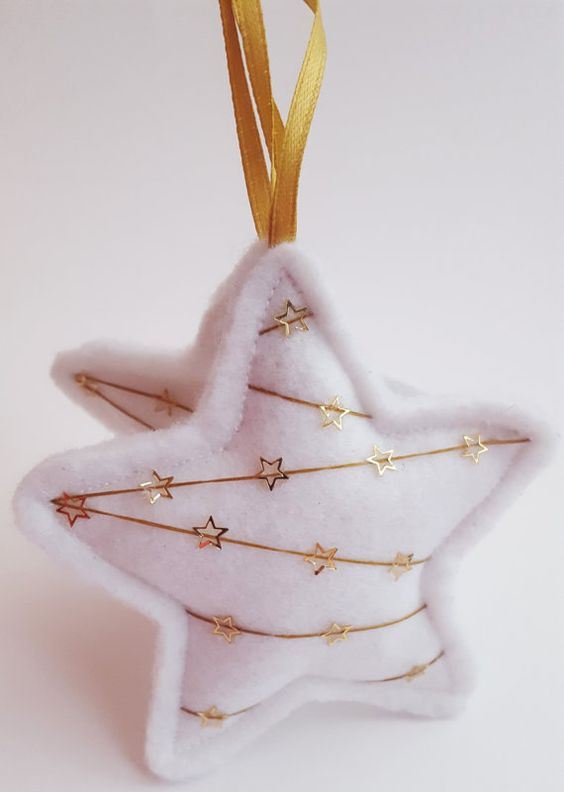 white felt stars with gold embroidery are lovely and chic Christmassy ornaments you can easily make