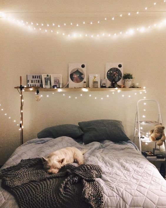 lights over the bed and around for a simple and romantic look