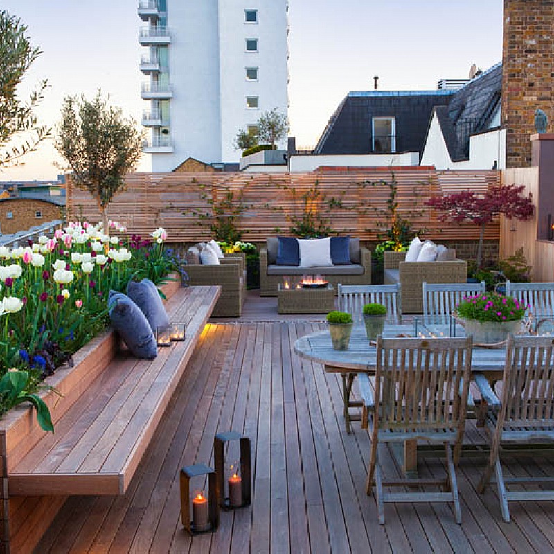 Built-in benches and planters make a terrace look modern and stylish.