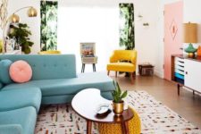 a colorful living room with pink, yellow, blue, green and lots of prints and textures plus metallic touches