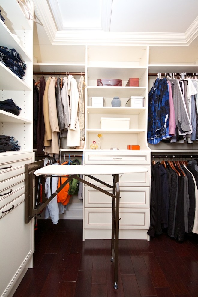 An ironing board is a great addition to a walk-in closet if you want your outfit to be perfect.