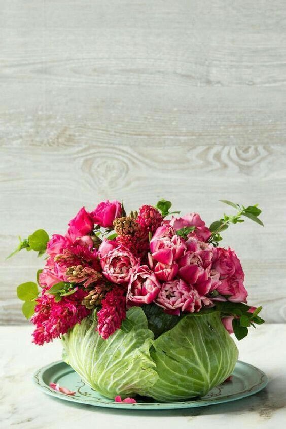 a cool Easter flower arrangement in bright pink, with foliage placed into a large cabbage