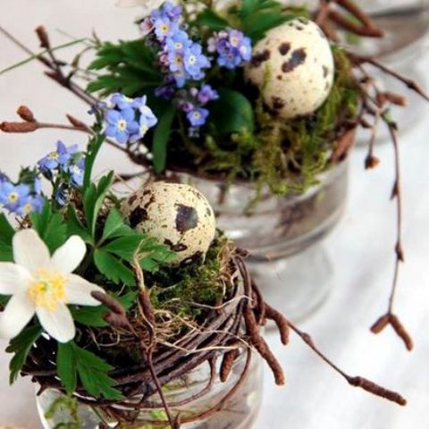 nests with moss, blue and white blooms and faux speckled eggs is a cool idea