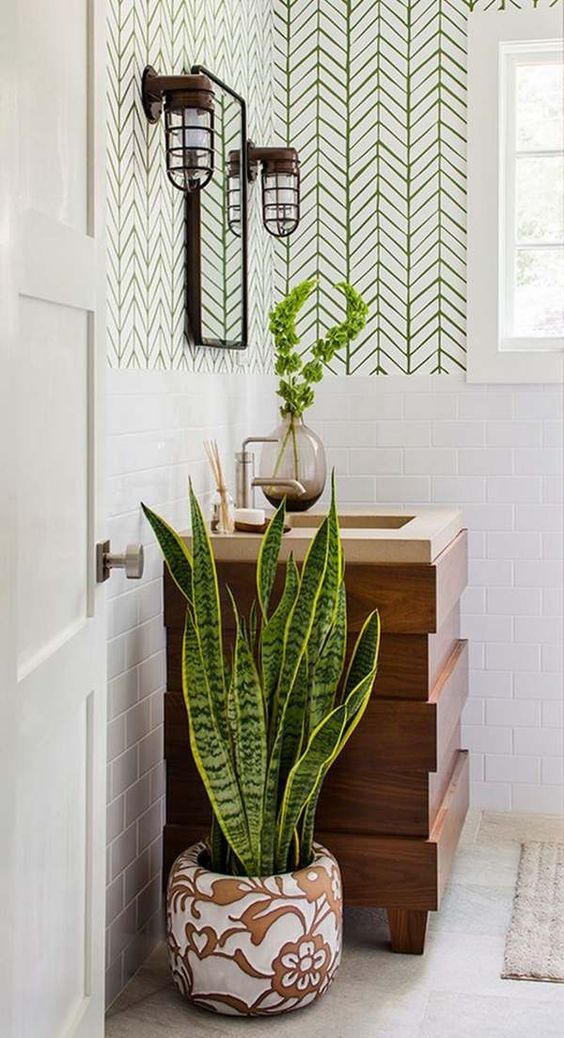 refresh the bathroom with a statement plant and some greenery branches in a vase for a cool look