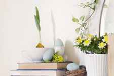 simple spring and Easter styling with potted blooms, blue eggs in a nest and a bulb in a tea cup