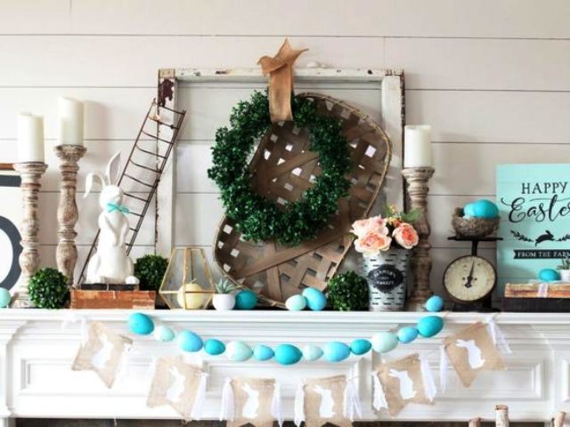 style your mantel with bright turquoise faux eggs, succulents, candles and a boxwood wreath and topiary