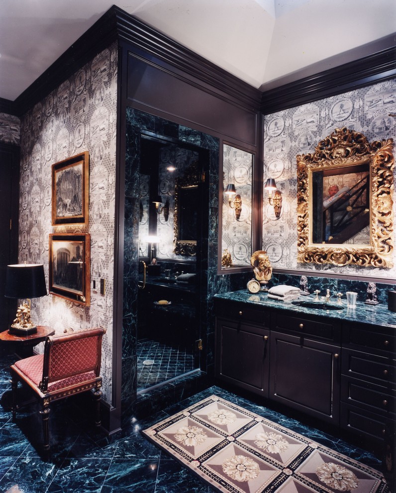 Traditional bathrooms could also look quite masculine. Although the dark color scheme is also necessary.