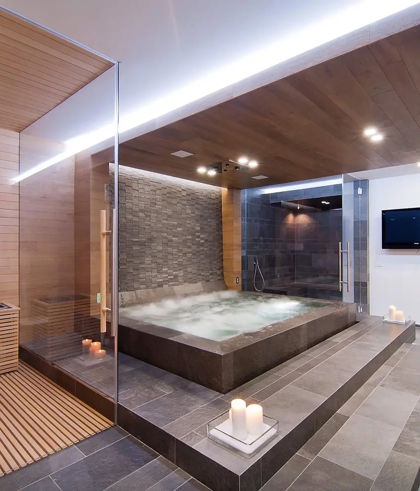 An indoor spa is a lovely addition to any bathroom, especially masculine one.