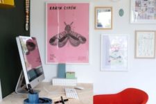 a bright gallery wall and colorful chairs will make your home office more inspiring and more spring-like