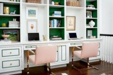 a brigth green wall and pink chairs plus gold touches add fun and brightness to the home office