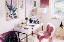 a bright and chic girlish home office with a pink fur chair, a purple chair and a pink and purple gallery wall