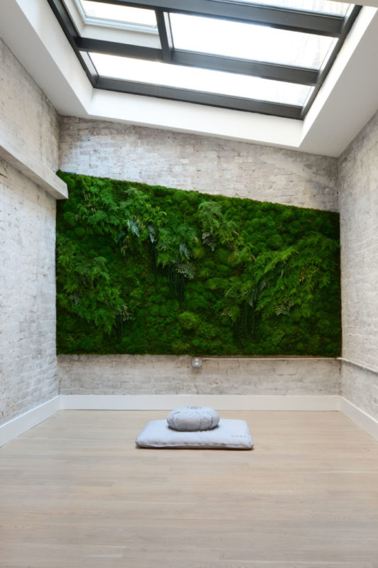 a clean and minimalist meditation room with a skylight and a greenery wall to benefit your breathing