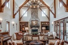 a cool rustic living room design with high ceiling