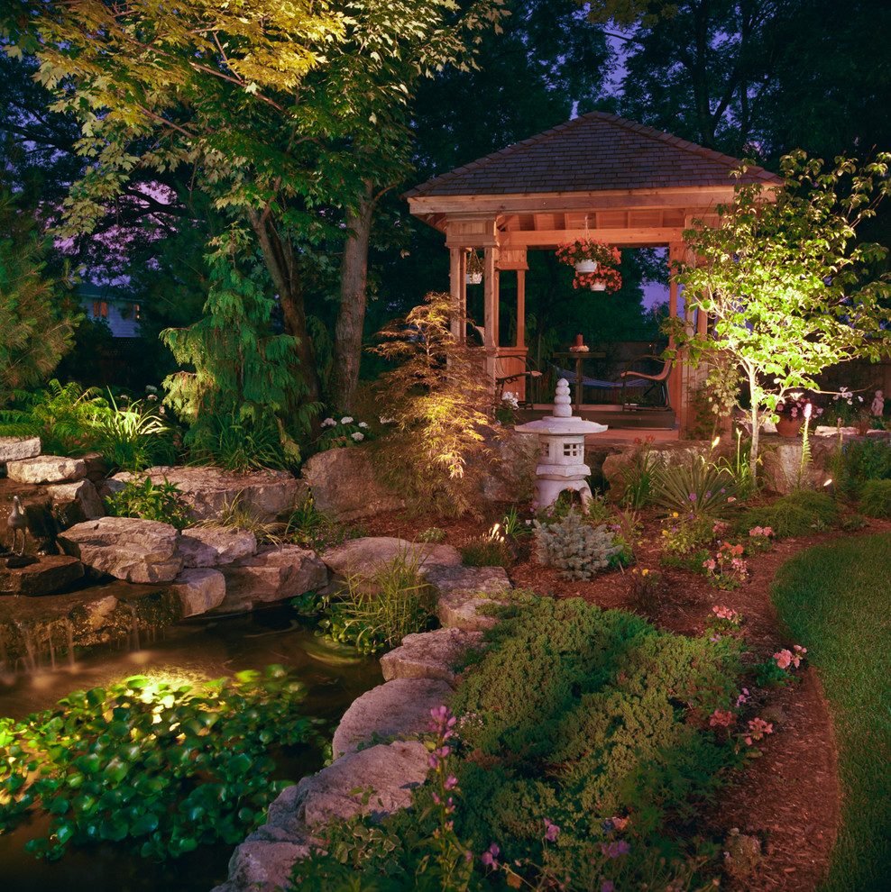 A pavilion, a carp pond, beautiful trees and garden paths should all be highlighted with lights to make the garden look gorgeous at night too.