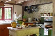 a bright orange and green kitchen with a wooden ceiling with beams, a yellow kitchen island, a bright tile backsplash is cool