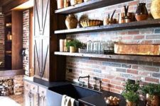 a rustic kitchen with brick walls and floors plus rich stained cabinets for a more dramatic look