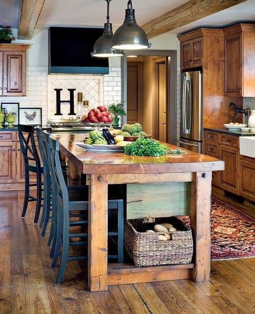 a rustic kitchen with stained cabinets, black countertops, a stained kitchen island, black stools and a black hood over the cooker