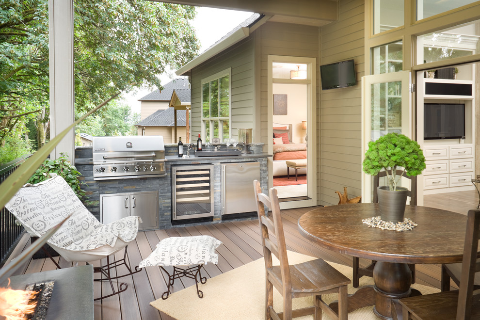 A built-in gas grill, wine cooler, and compact fridge would eliminate the need to head inside for a refill.