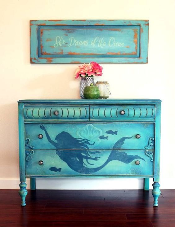 a blue mermaid sideboard can be DIYed and will make a bold statement in your nautical or seaside home