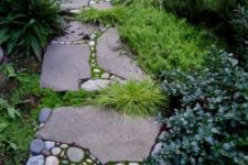 a catchy and bold stone garden path with moss, smaller rocks in betwee and some grasses growing