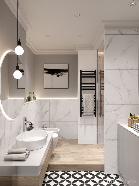 a chic contemporary bathroom with white marble, sleek wood, a patterned floor and touches of black