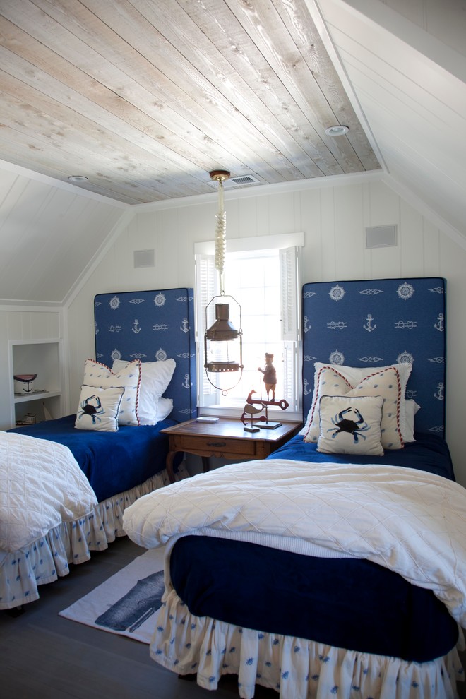 small beach-themed shared attic room with weathered wood boards on the ceiling
