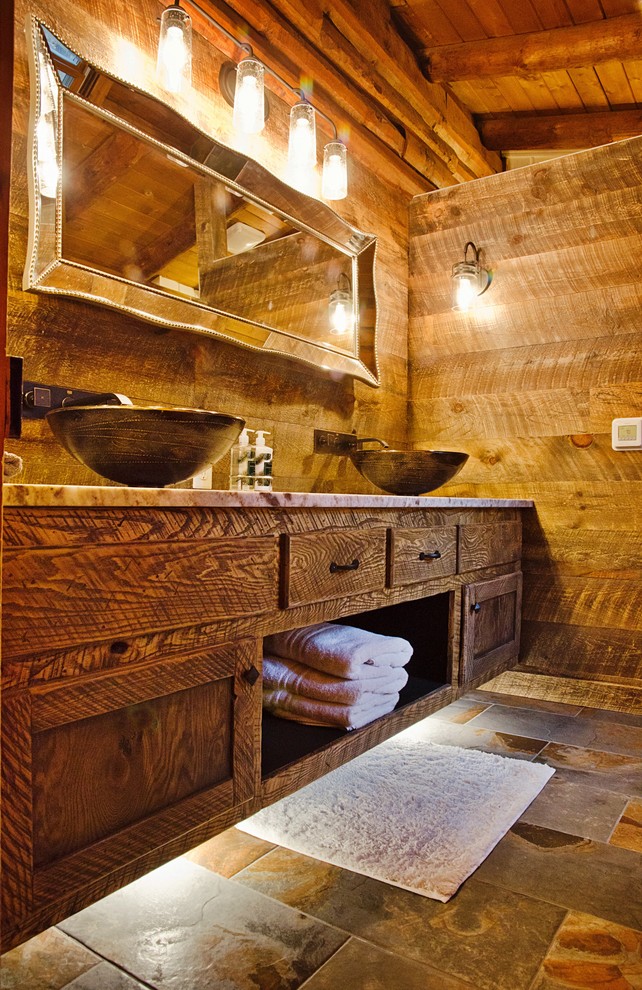 a contemporary rustic bathroom with a floating vanity with inner lights, wooden walls and a large mirror  (DW3 Construction LLC)