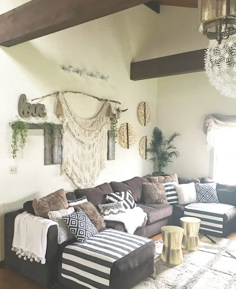 Mixing boho, rustic and glam elements works great for living rooms.