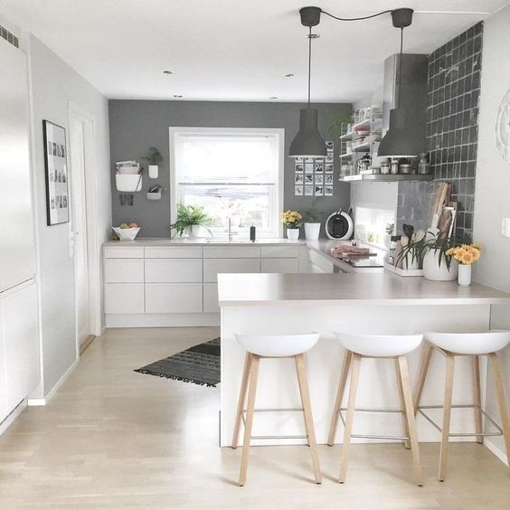 a minimalist Scandi kitchen with grey walls, sleek white cabinets, stools and pendant lamps