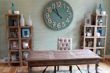 a rustic home office with a wooden desk and shelves, a clock, a bold rug and some decor