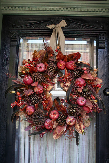 Lovely wreath could be made using a combination of pine cones, pomegranates, fallen leaves, and berries.