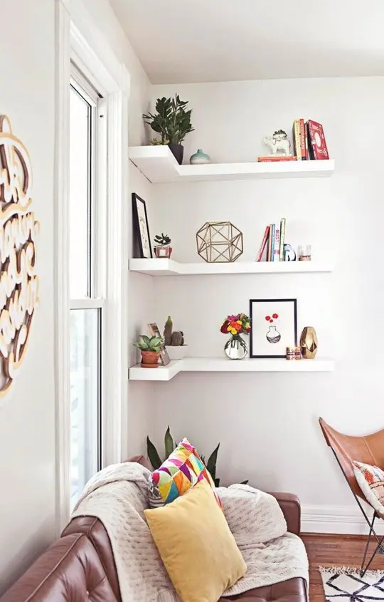 Corner shelves is a smart small space solution because corners are usually useless.