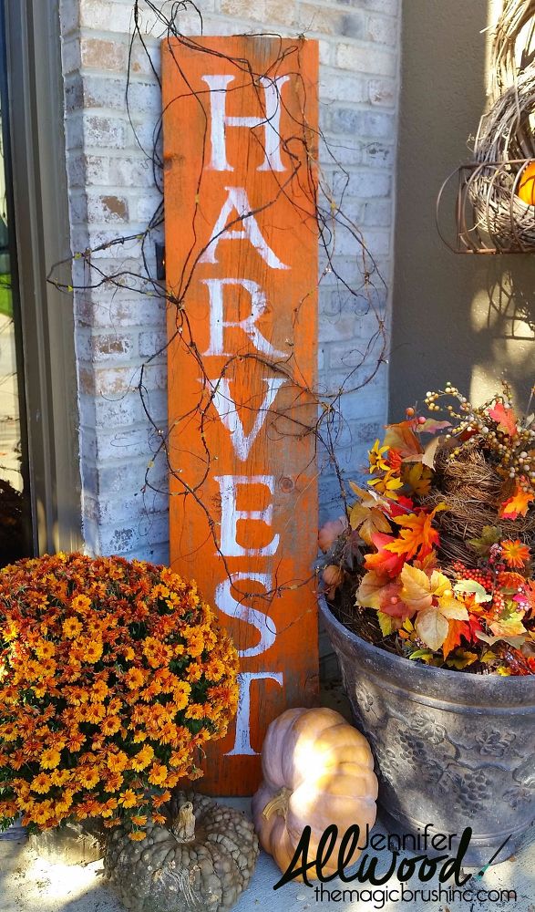 DIY barnwood harvest sign is a quite popular project for the porch surrounded with fall foliage.
