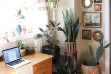 a boho mid-century modern home office with a stylish desk, a white chair, potted plants, a gallery wall and hanging planters