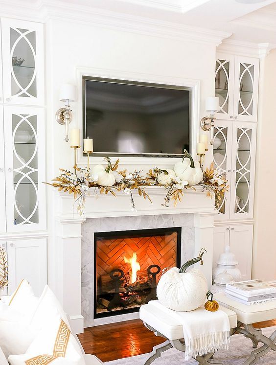 a beautiful white fall mantel decor