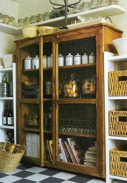 a kitchen buffet with chicken wire doors is nice for storign everything you want including food in jars