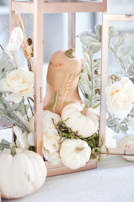 an airy fall centerpiece of a lantern with white pumpkins, a chalked gourd, pale greenery and white blooms and moss