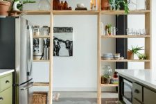 an airy wooden storage unit doubles as a space divider is a cool idea for any modern space