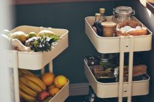 mini kitchen carts placed under the windowsill are great for storing anything you want