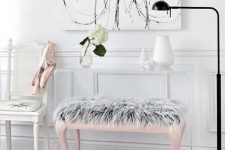 a blush fur fur bench for accenting a girl’s space with color and fuzzy texture and bringing coziness here